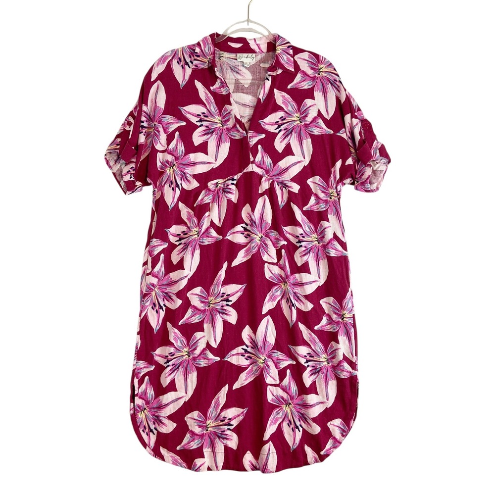 Wonderly Womens Magenta Lily Floral Linen Blend Tunic Shift Dress Sz‎ M Hawaiian